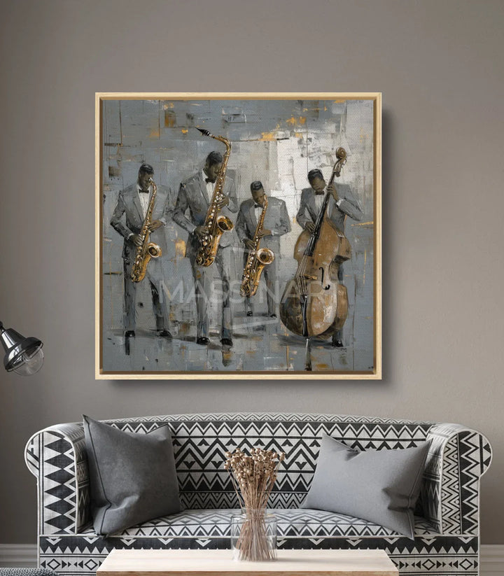 Decoración de interior — Cuadro Band Vibes enmarcado en negro sobre pared gris claro, Massinart