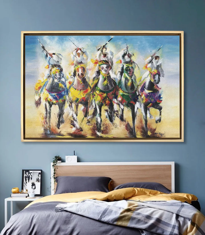 Cuadro Tbourida en decoración de dormitorio con tonos azules — Massinart