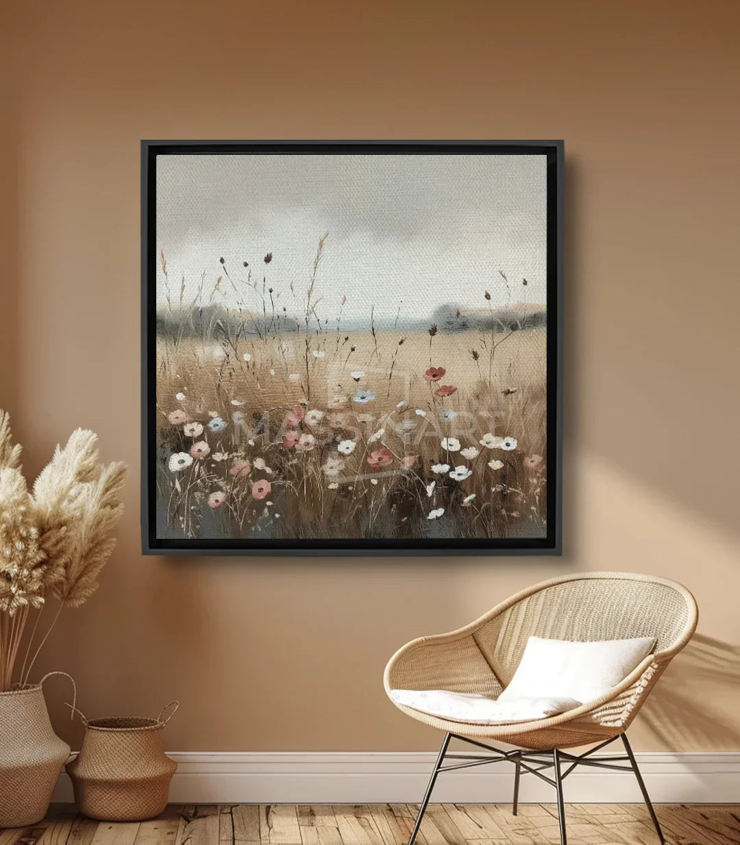 Cuadro Farmyard paisaje campo flores silvestres beige blanco rosa — Massinart