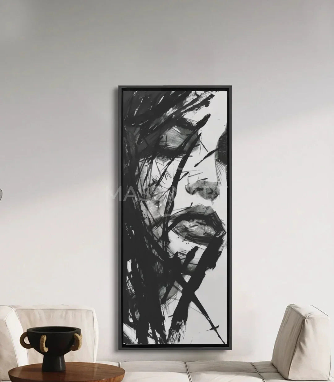 Cuadro retrato abstracto Unbroken — rostro expresionista en blanco y negro con líneas dinámicas, Massinart
