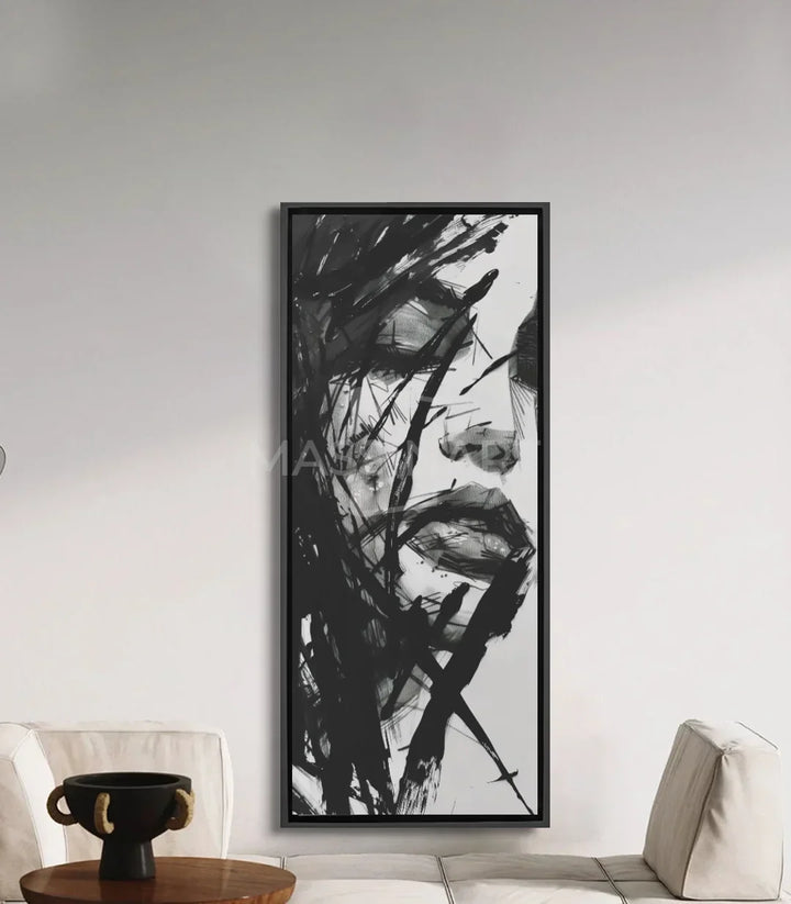 Cuadro retrato abstracto Unbroken — rostro expresionista en blanco y negro con líneas dinámicas, Massinart
