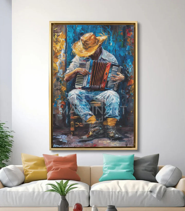 Cuadro Accordionist en salón moderno — decoración pared sobre sofá