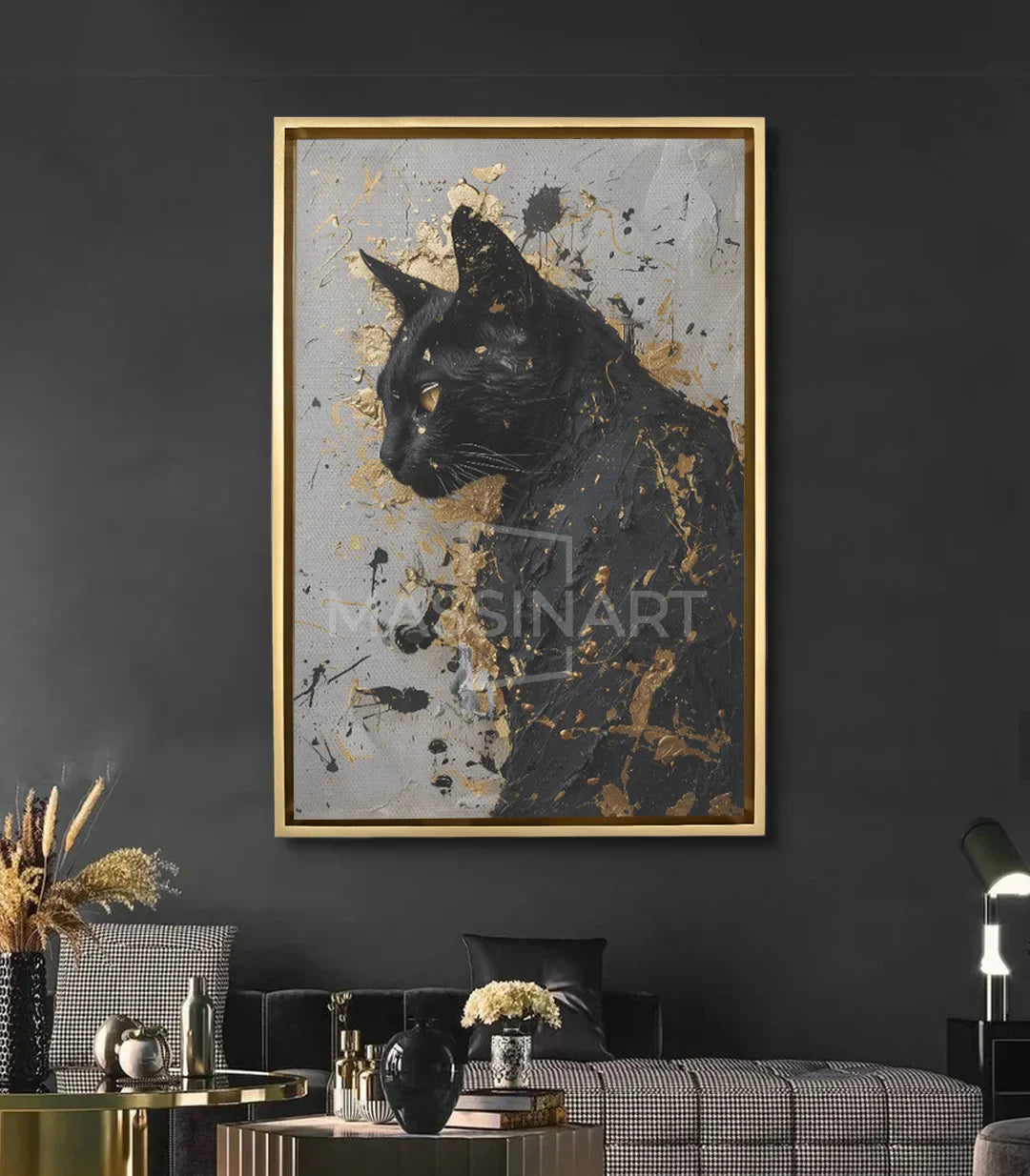 Ambientación salón moderno — cuadro gato negro Noble Shadows Massinart