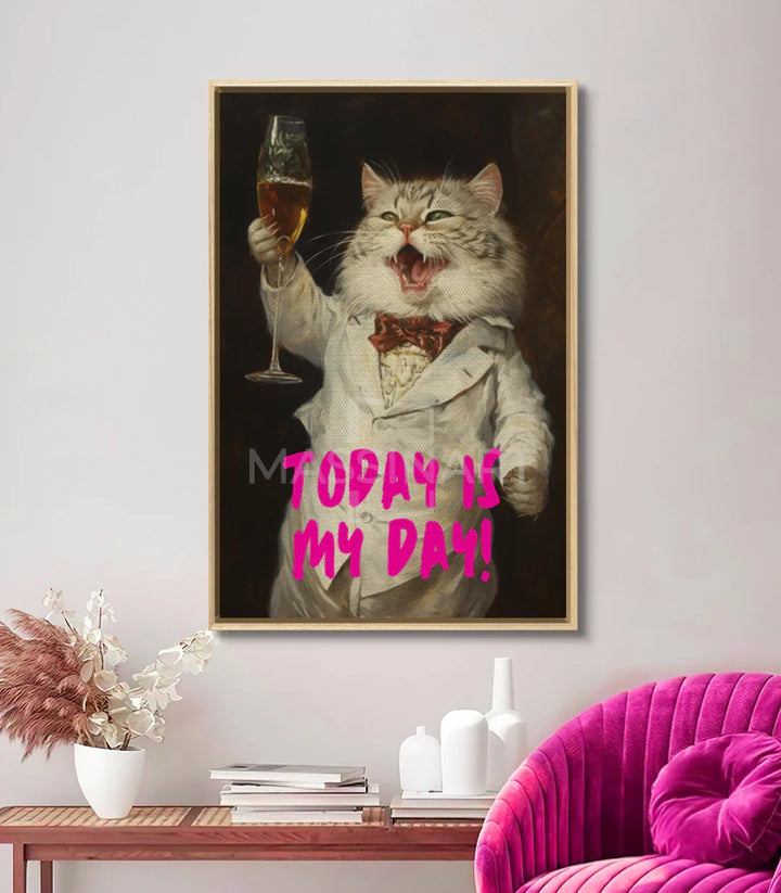 Decoración de pasillo contemporáneo — cuadro pop-art gato con champán enmarcado en negro