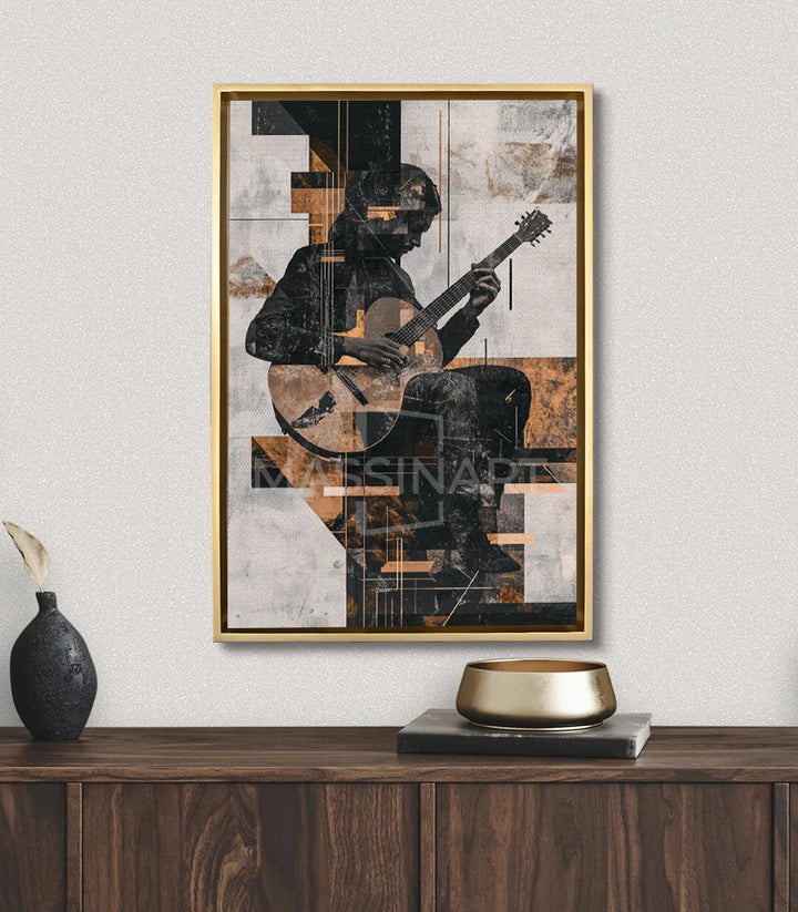 Cuadro Rhythmic Hands en salón moderno — decoración mural musical negro y dorado