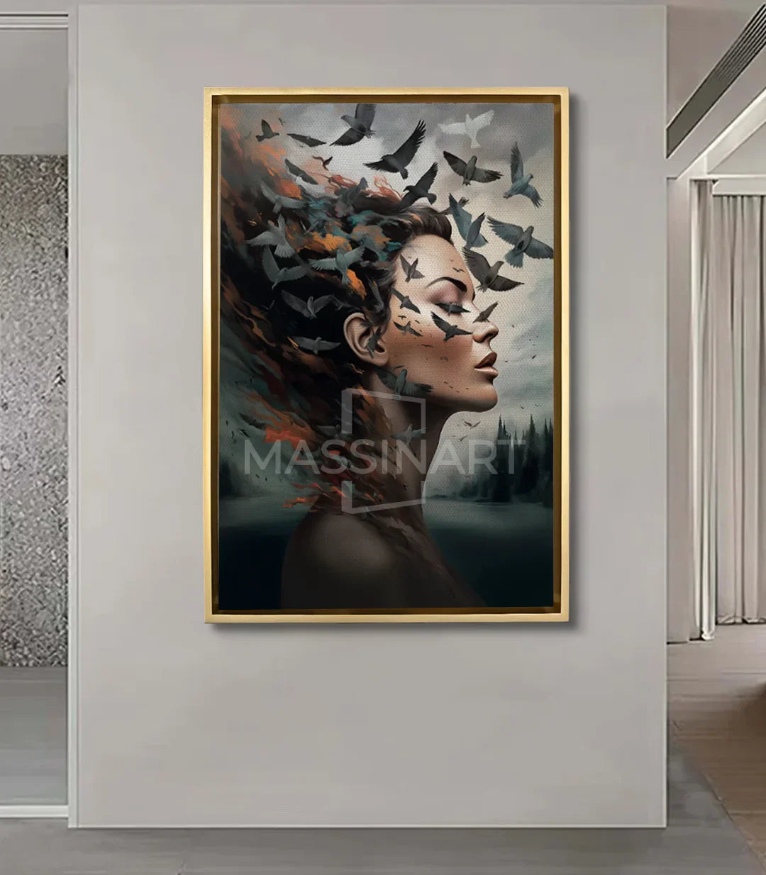 Cuadro Gone en salón moderno gris y blanco, decoración pared, Massinart