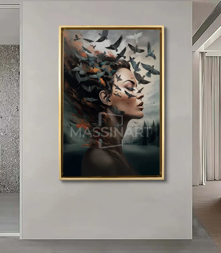 Cuadro Gone en salón moderno gris y blanco, decoración pared, Massinart