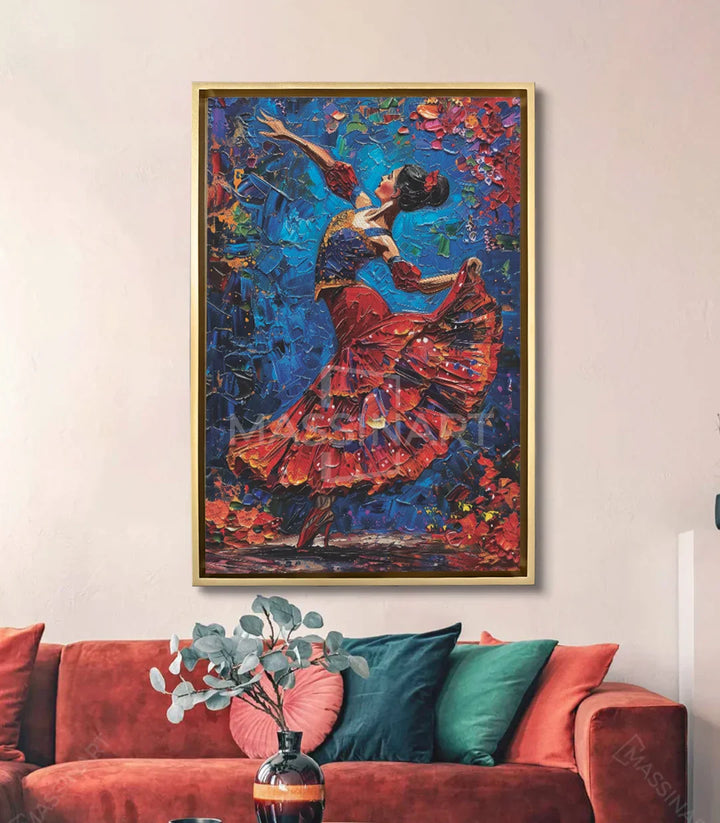 Cuadro Flamenco en salón moderno — lienzo sobre sofá rojo, decoración contemporánea Massinart