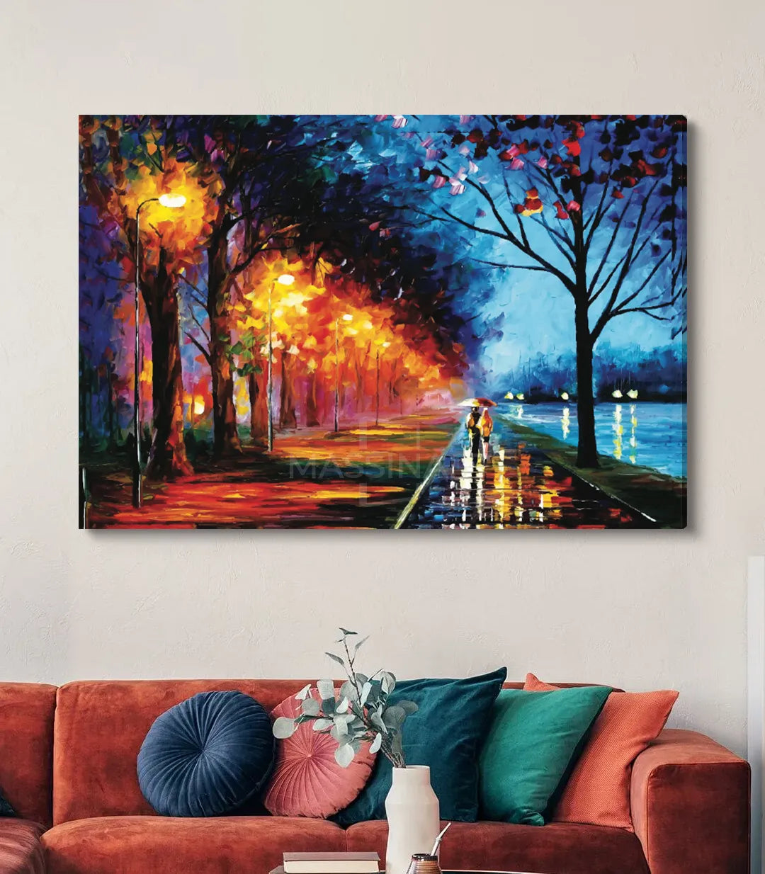 Decoración interior salón — cuadro Paseo Nocturno paisaje romántico con farolas Massinart