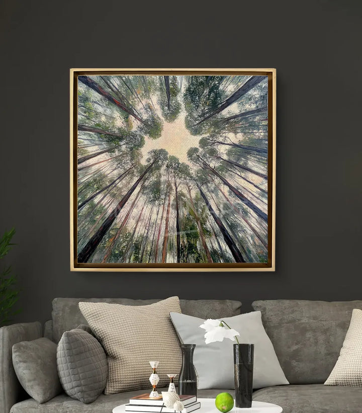 Cuadro de bosque aéreo en salón moderno — decoración pared Massinart