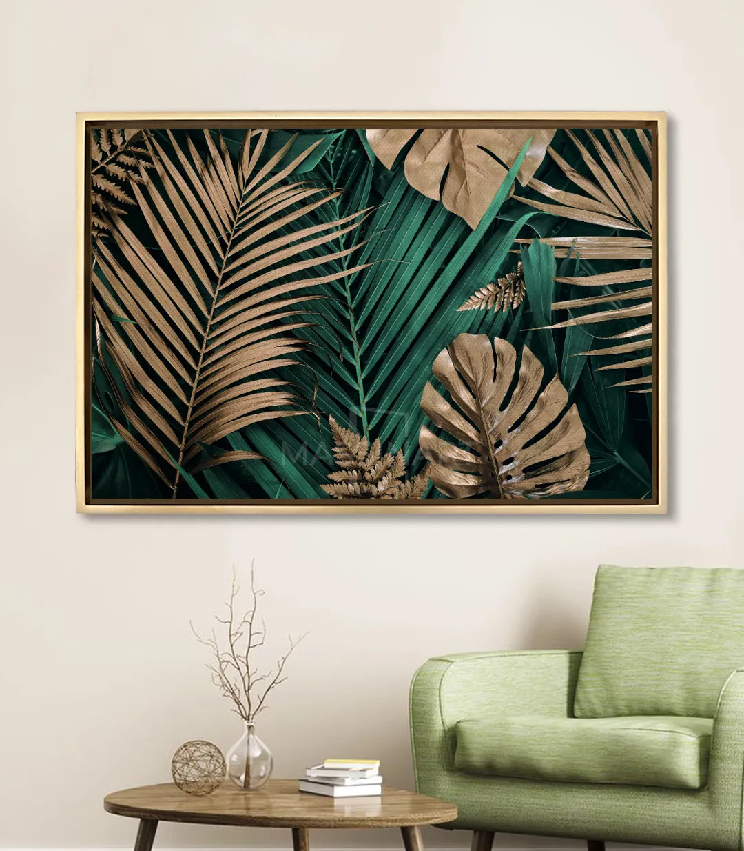 Cuadro Exotique Jungle en salón moderno — lienzo horizontal sobre sofá verde, decoración botánica, Massinart