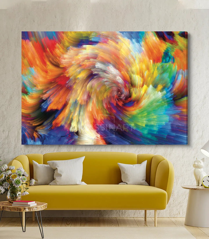 Cuadro colorido en salón de diseño — arte abstracto con torbellino dinámico, decoración mural Massinart
