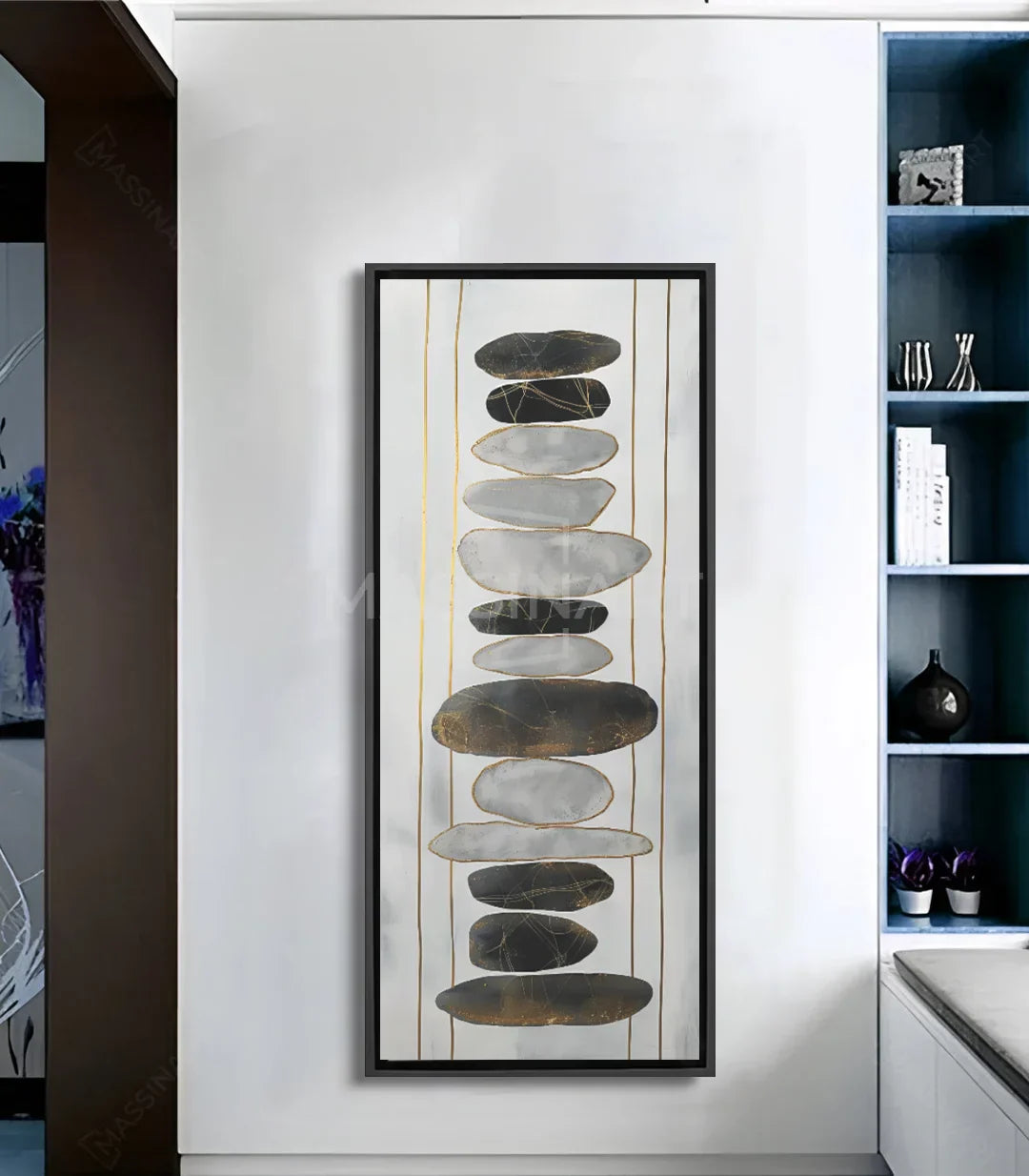 Cuadro Tranquil piedras apiladas gris blanco dorado estilo minimalista Massinart