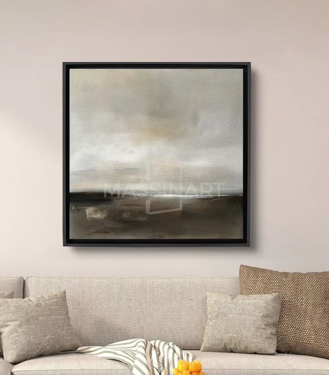 Cuadro paisaje minimalista horizonte abstracto en tonos taupe y blanco roto — Massinart