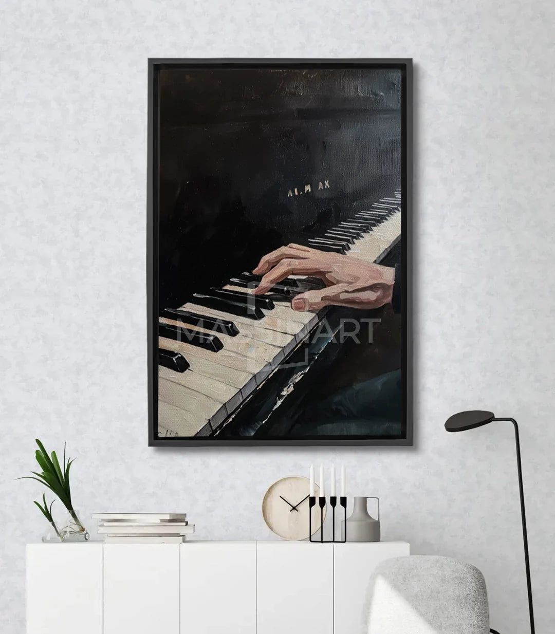 Cuadro Melodic Touch manos de pianista sobre piano negro estilo hiperrealista Massinart