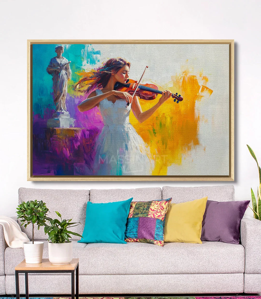 Cuadro Charmed Melody en escena salón — lienzo expresionista música colores vibrantes