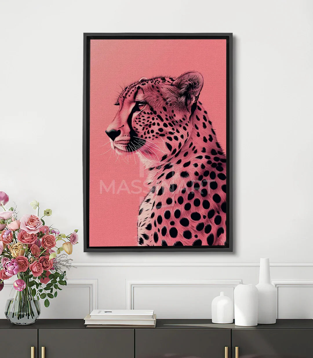 Cuadro leopardo rosa majestuoso — retrato animal pop-art fondo rosa, decoración moderna