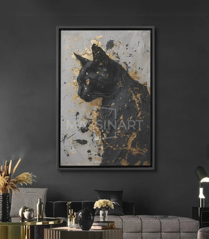 Cuadro gato negro retrato expresionista con destellos dorados Massinart