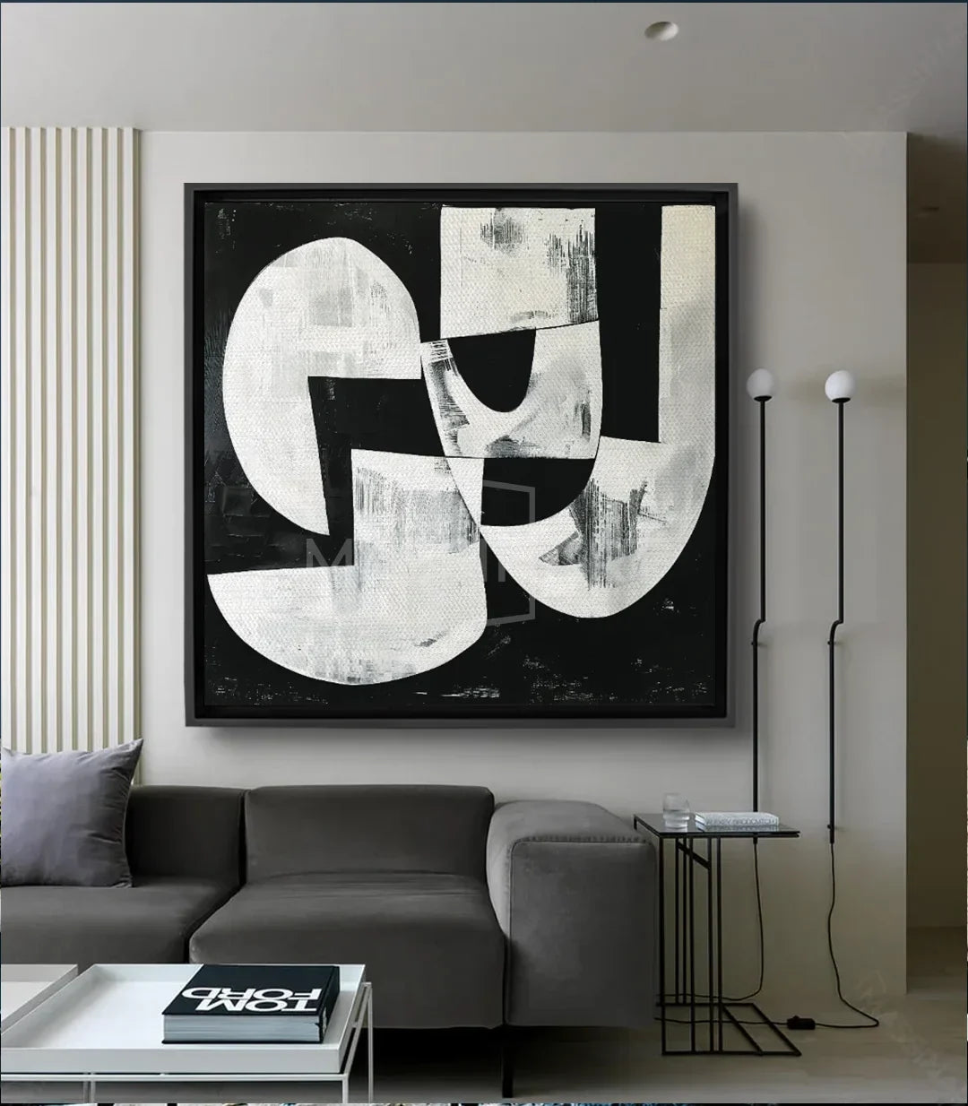 Cuadro Rhythm abstracto en blanco y negro con formas geométricas dinámicas — Massinart