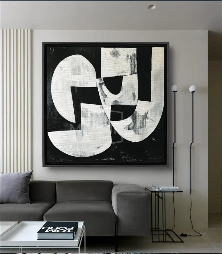 Cuadro Rhythm abstracto en blanco y negro con formas geométricas dinámicas — Massinart