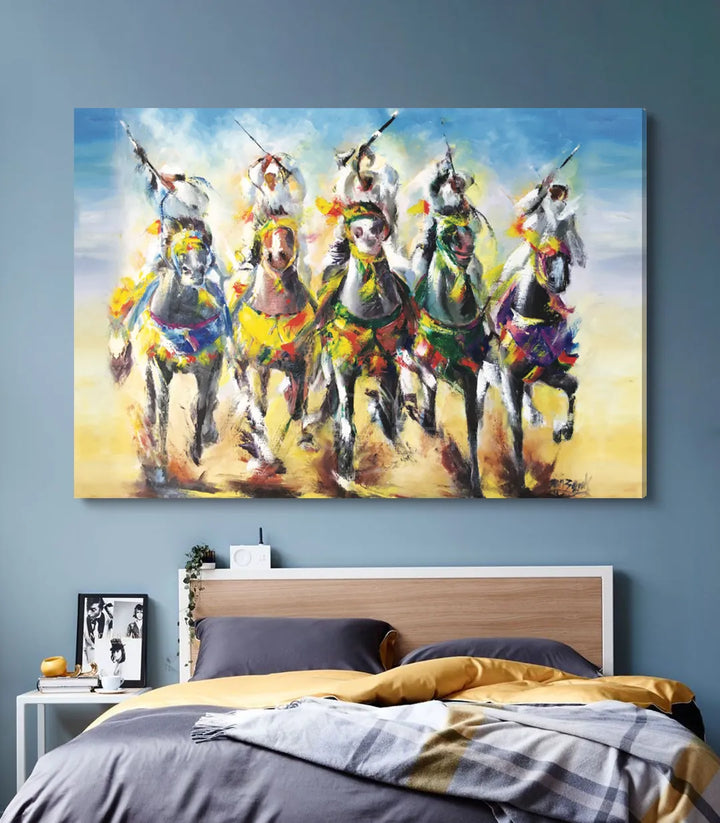 Detalle del cuadro Tbourida con jinetes en la fantasía marroquí y colores vivos, firma del artista — Massinart