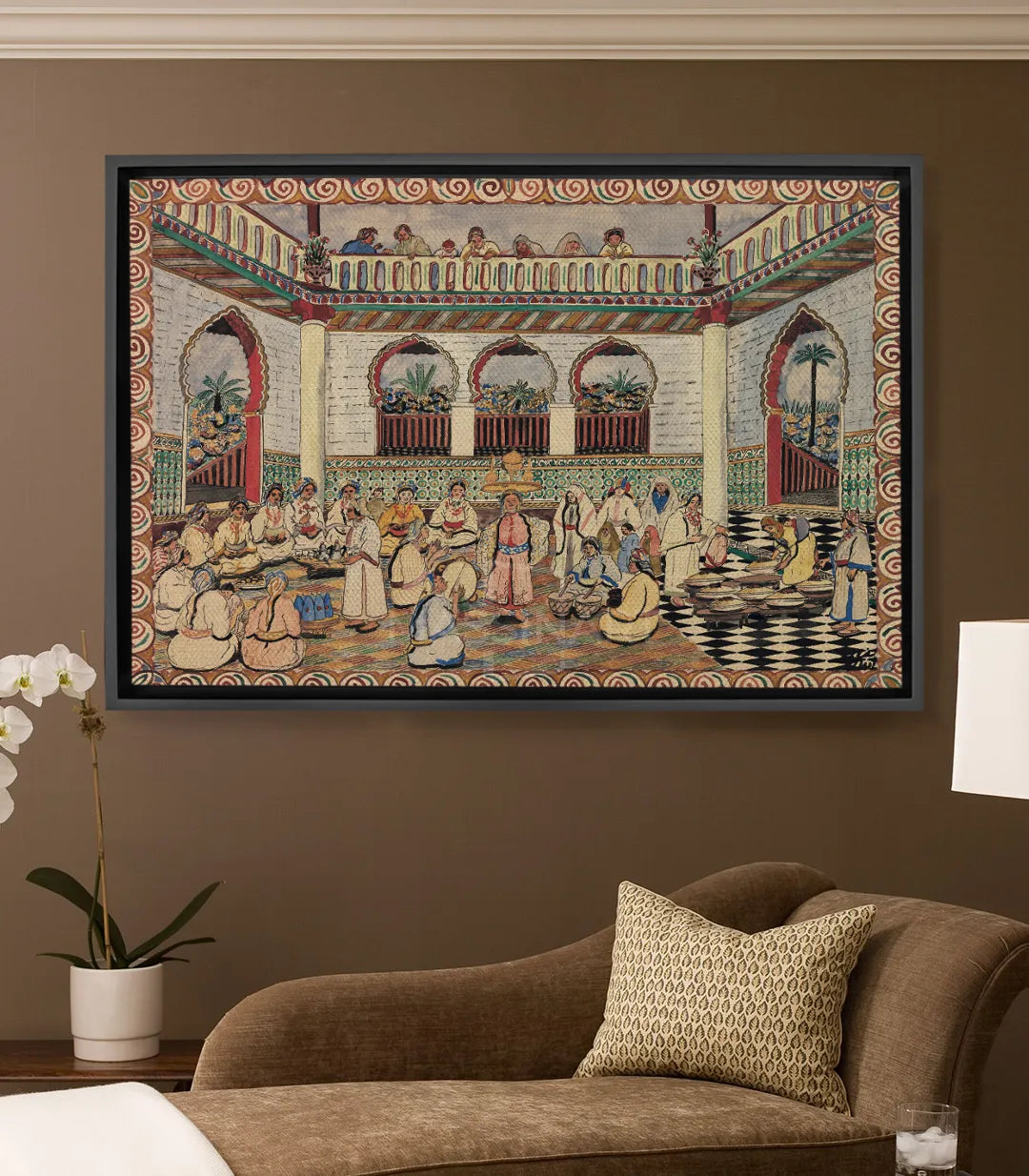 Cuadro Moroccan Feast escena de festín en palacio oriental con arcos rojos y columnas doradas, detalles marroquíes, Massinart