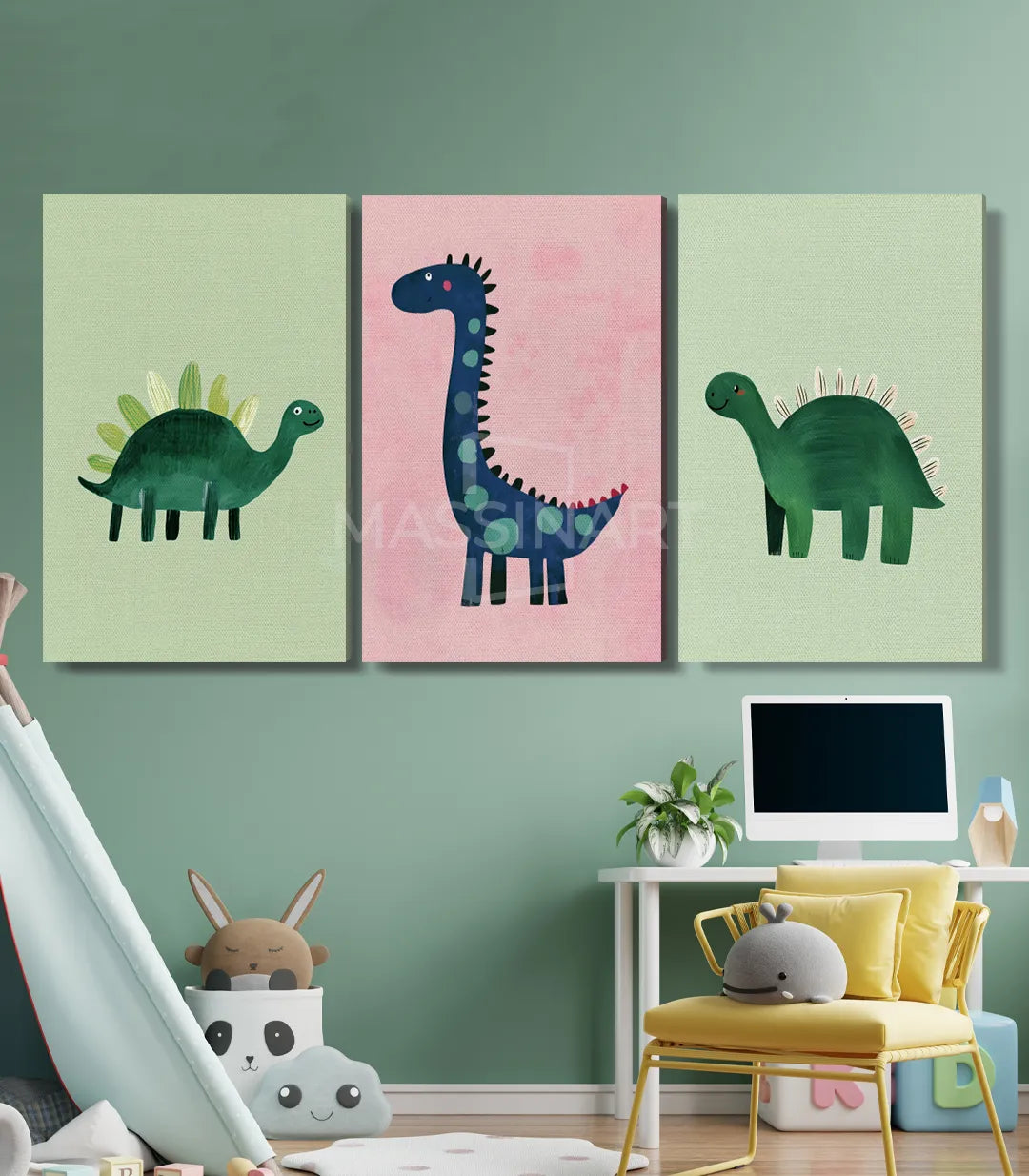 Tríptico dinosaurios en habitación infantil moderna decoración pared Massinart