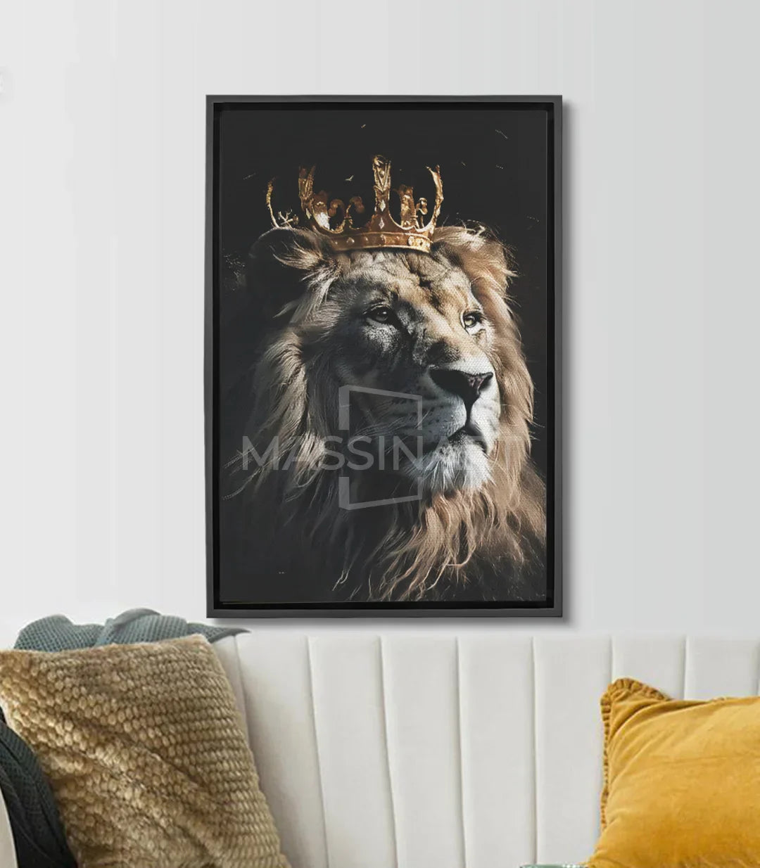 Cuadro león coronado en blanco y negro — retrato animal majestuoso Massinart