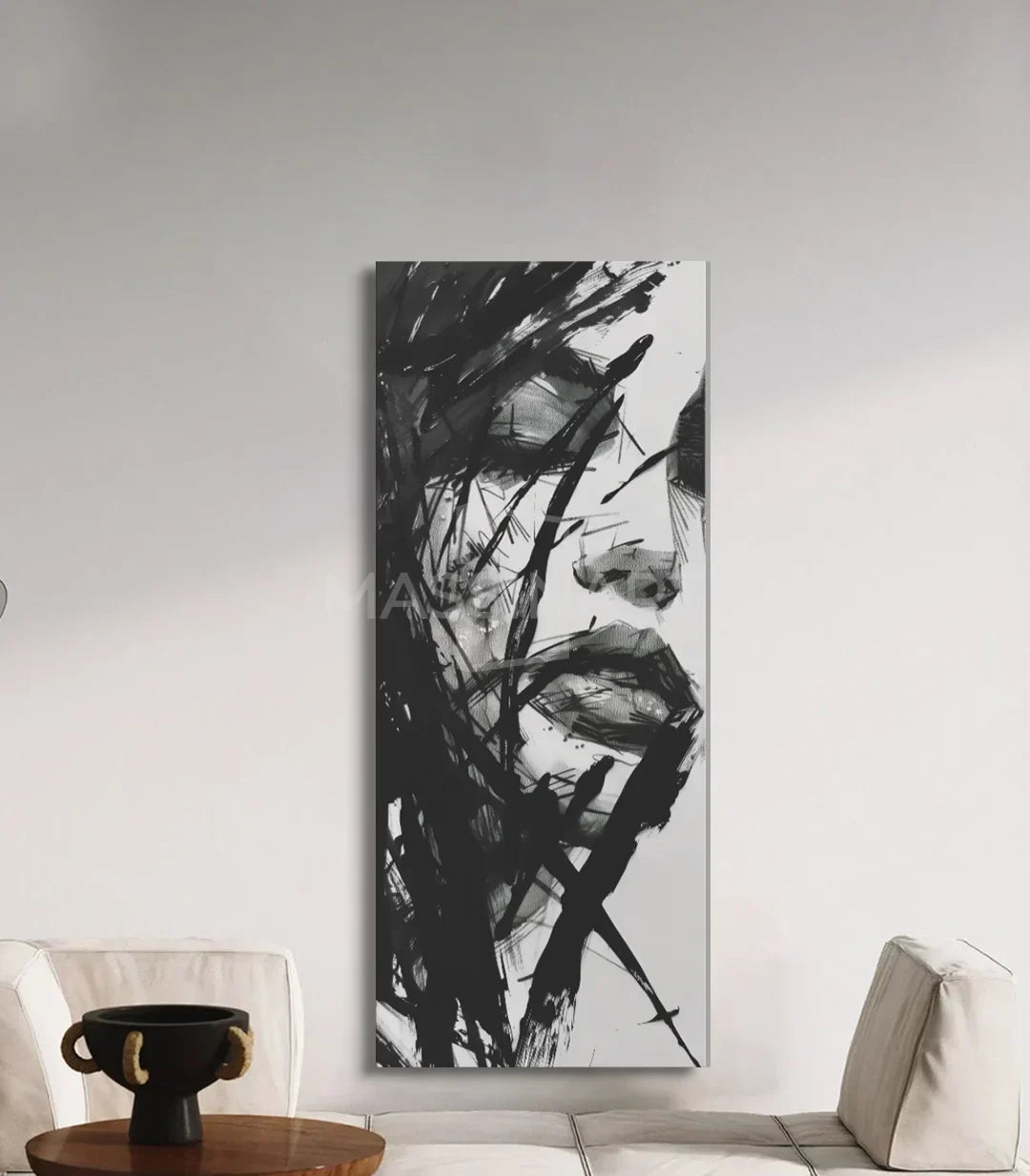 Cuadro Unbroken en interior minimalista — retrato expresionista blanco y negro, Massinart