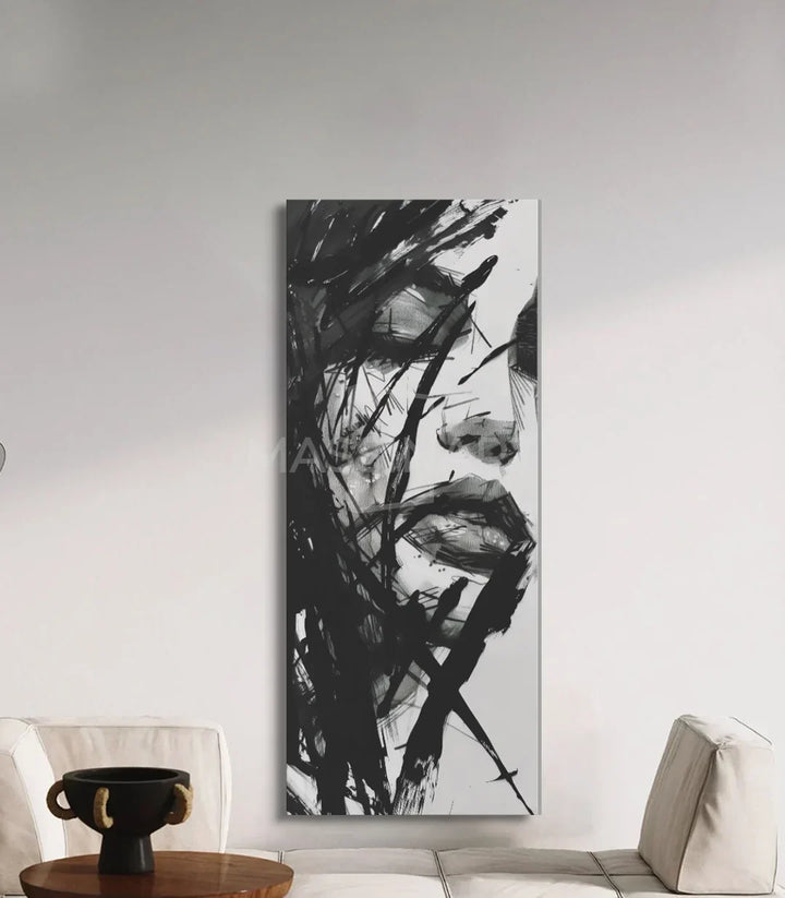 Cuadro Unbroken en interior minimalista — retrato expresionista blanco y negro, Massinart