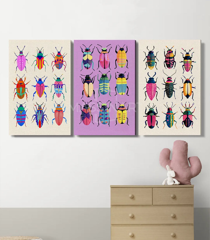 Tríptico Insecta en habitación infantil decorada con arte mural, Massinart