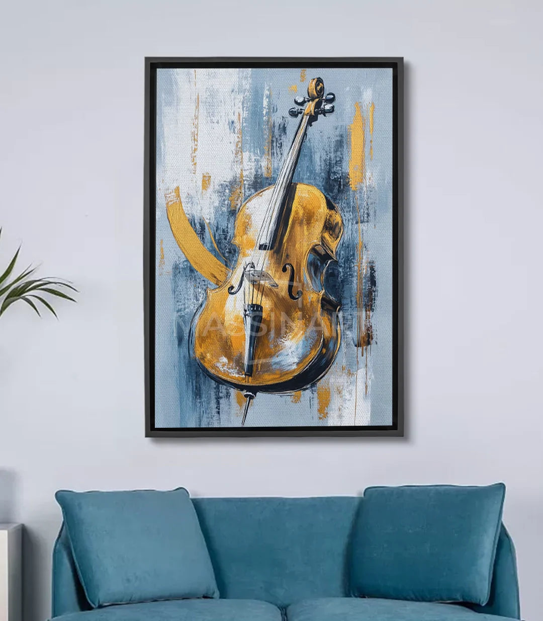 Cuadro Cello Massinart — violonchelo abstracto expresionista en azul y amarillo dorado