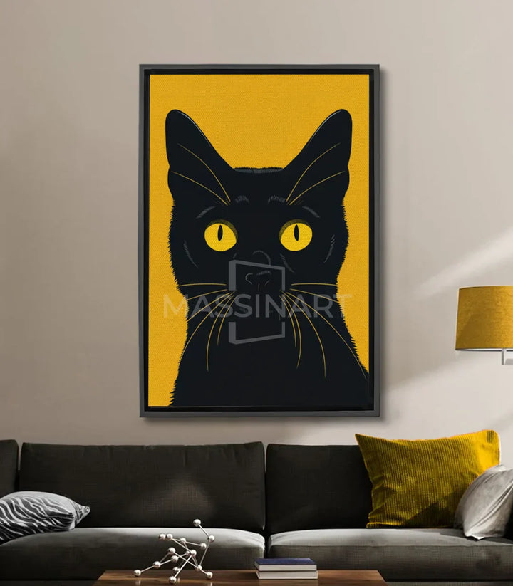 Cuadro de gato negro con ojos amarillos estilo pop-art sobre fondo negro — Massinart