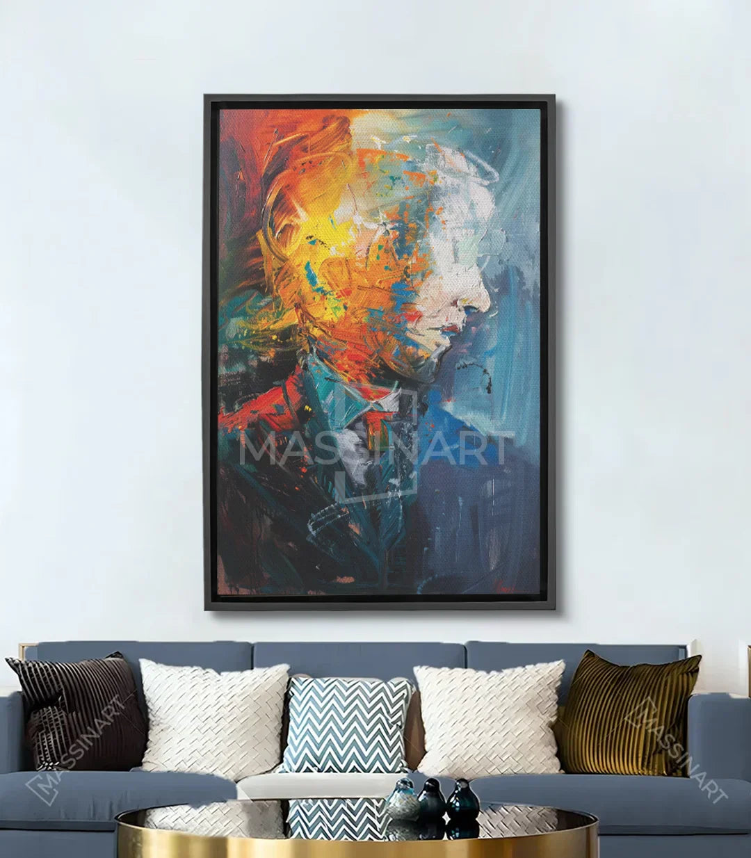 Cuadro Aura retrato abstracto expresionista, perfil en tonos azul y amarillo, Massinart