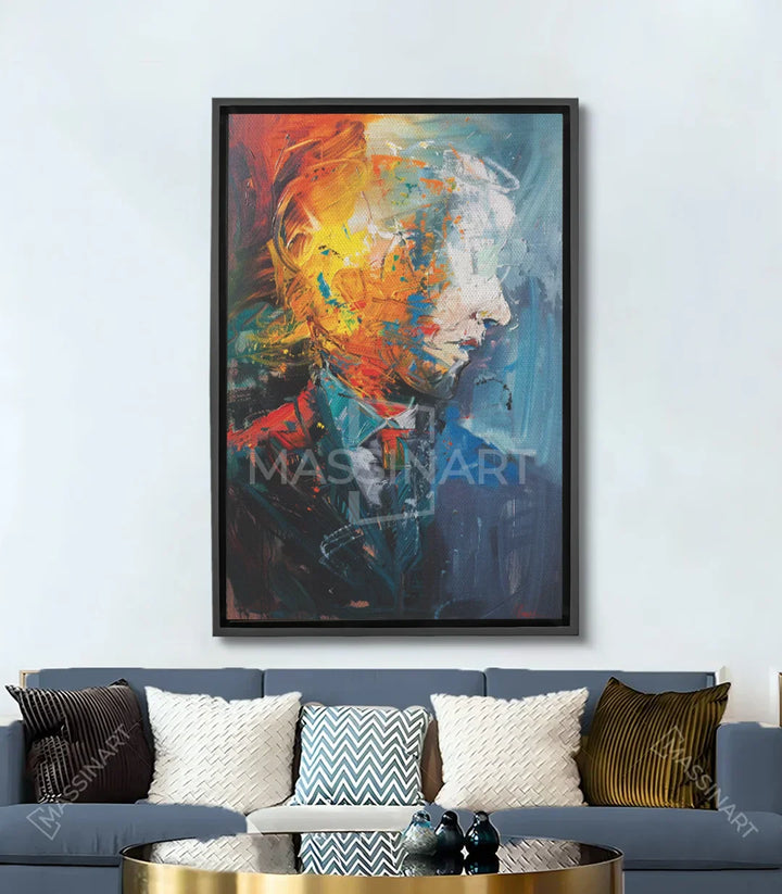 Cuadro Aura retrato abstracto expresionista, perfil en tonos azul y amarillo, Massinart