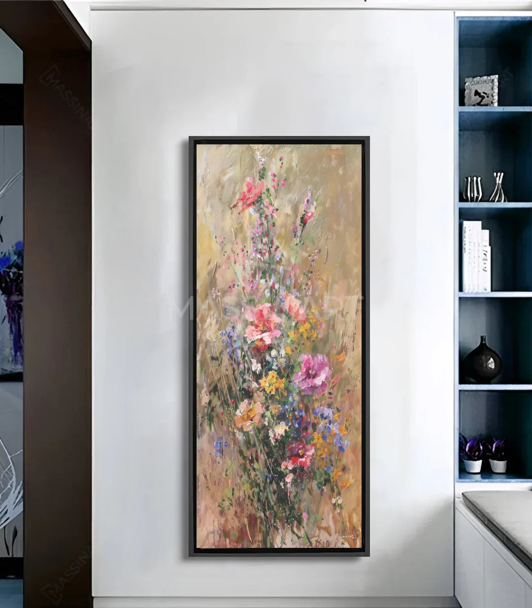 Cuadro Thrive flores silvestres rosas amarillas fondo beige estilo acuarela Massinart