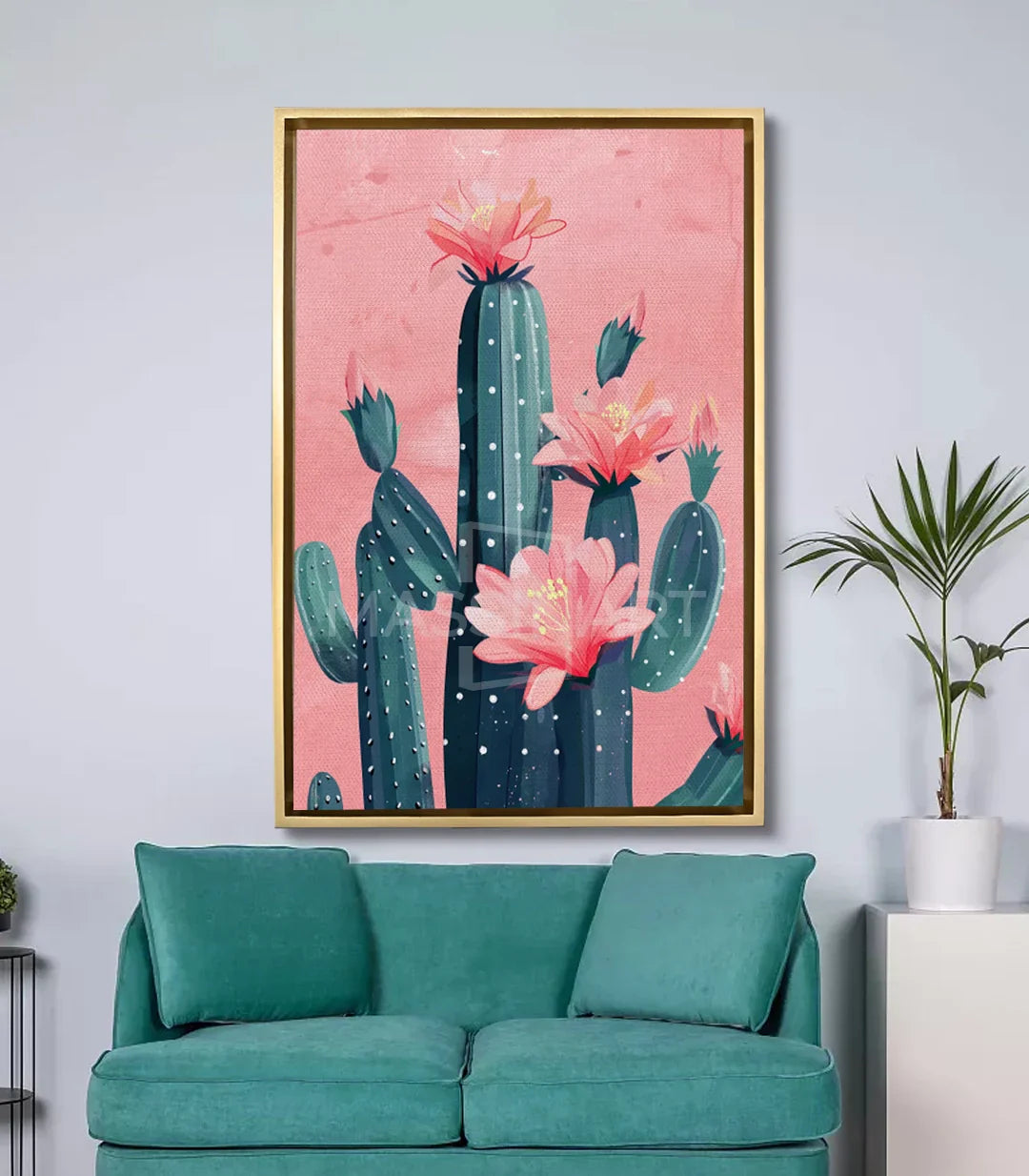 Cuadro Blooming Cactus Massinart en salón moderno sobre sofá turquesa