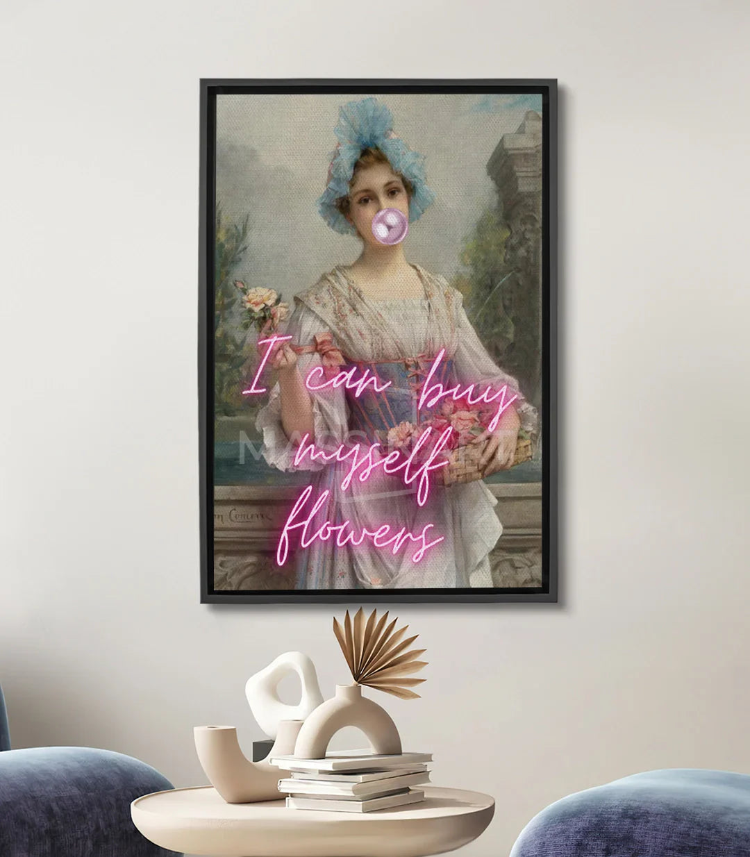 Cuadro Self-Bouquet Massinart — retrato vintage de mujer con efecto neón rosa pop-art