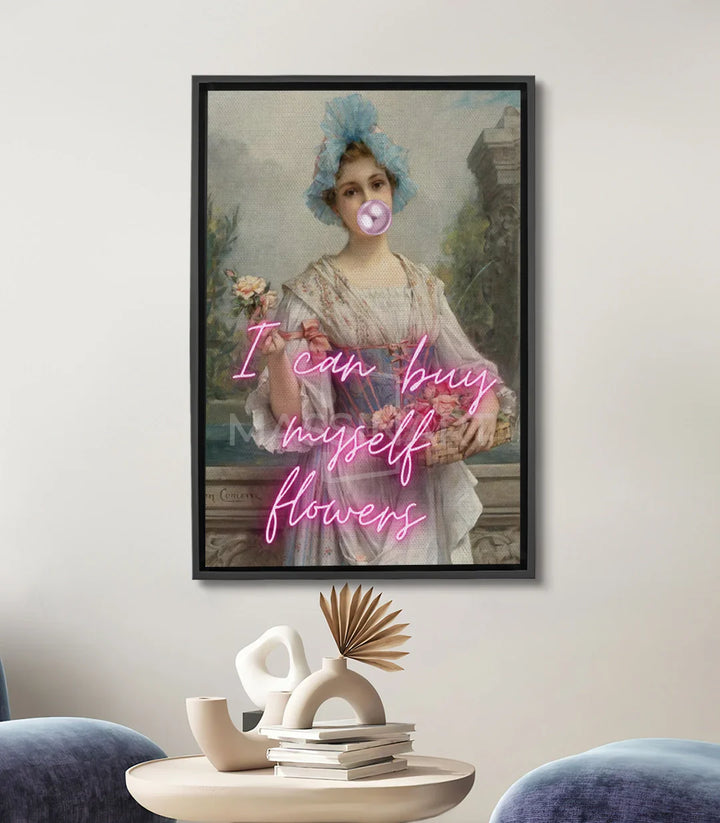 Cuadro Self-Bouquet Massinart — retrato vintage de mujer con efecto neón rosa pop-art