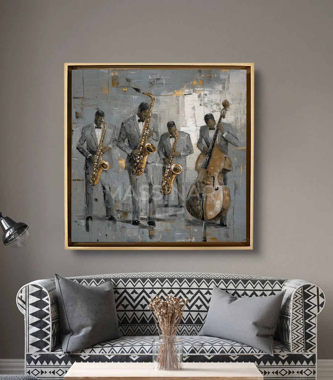 Cuadro Band Vibes en salón moderno — sobre sofá blanco y negro, decoración urbana jazz, Massinart