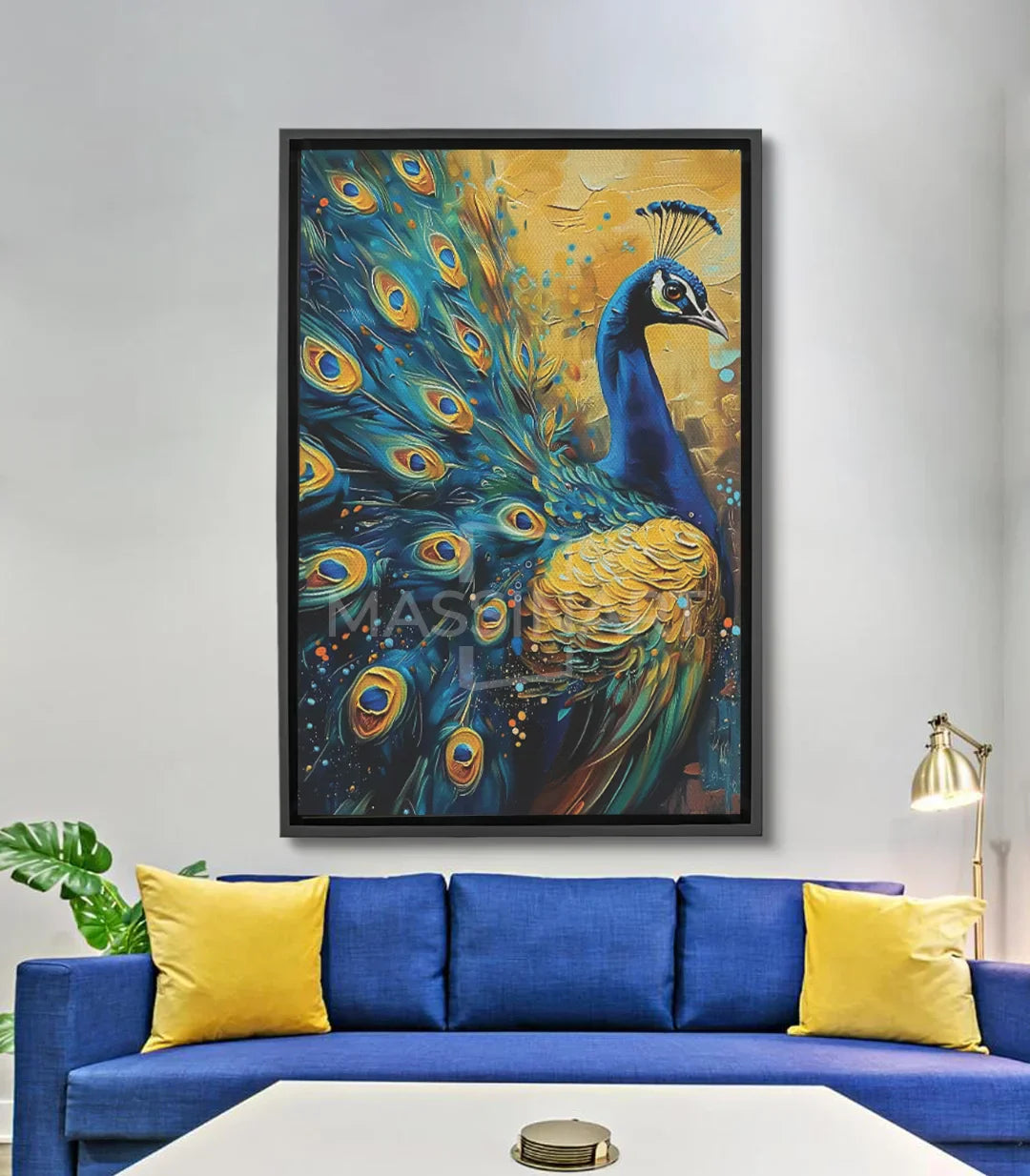 Cuadro pavo real expresionista azul y dorado con plumaje detallado — Massinart