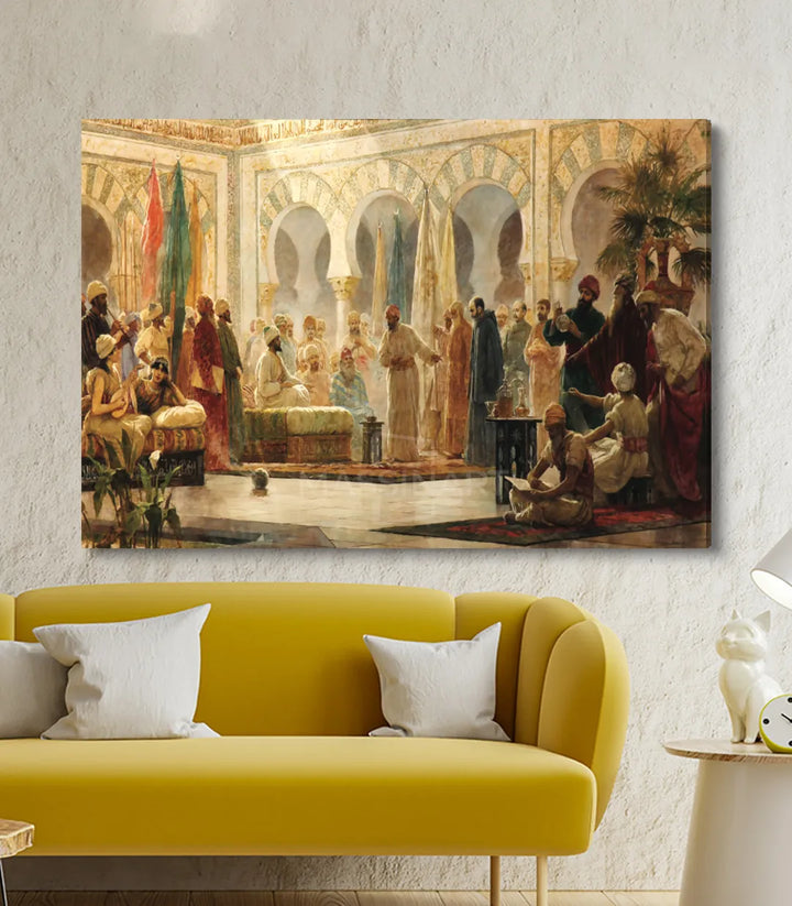 Cuadro arte oriental en salón moderno, composición arquitectónica islámica sobre sofá — Massinart