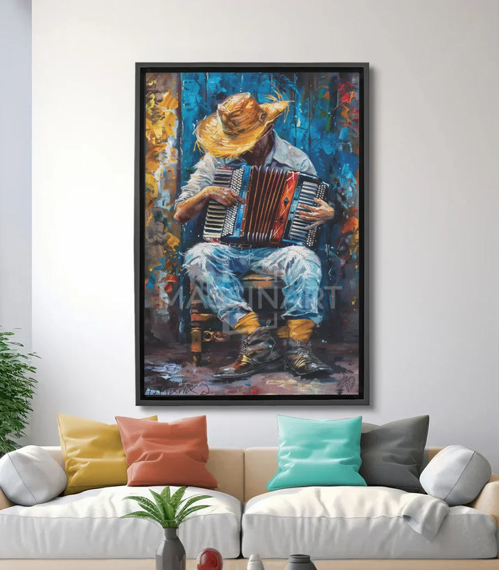 Cuadro músico acordeonista — retrato expresionista fondo azul dorado, arte mural decorativo