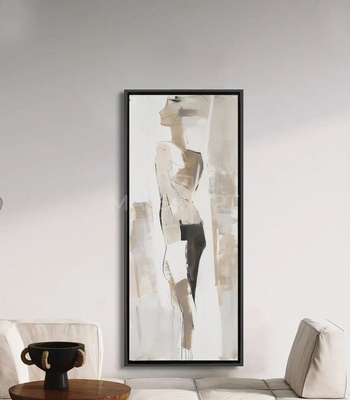 Cuadro silueta mujer elegante en tonos beige, negro y blanco, estilo minimalista — Massinart