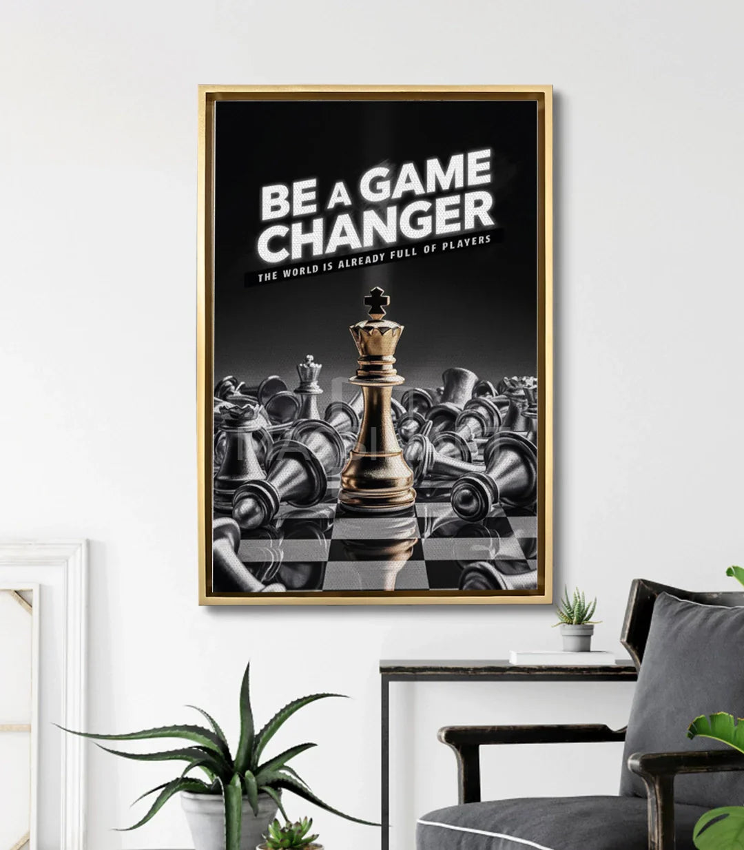 Cuadro Be a Game Changer en una oficina moderna decorada con arte mural — Massinart