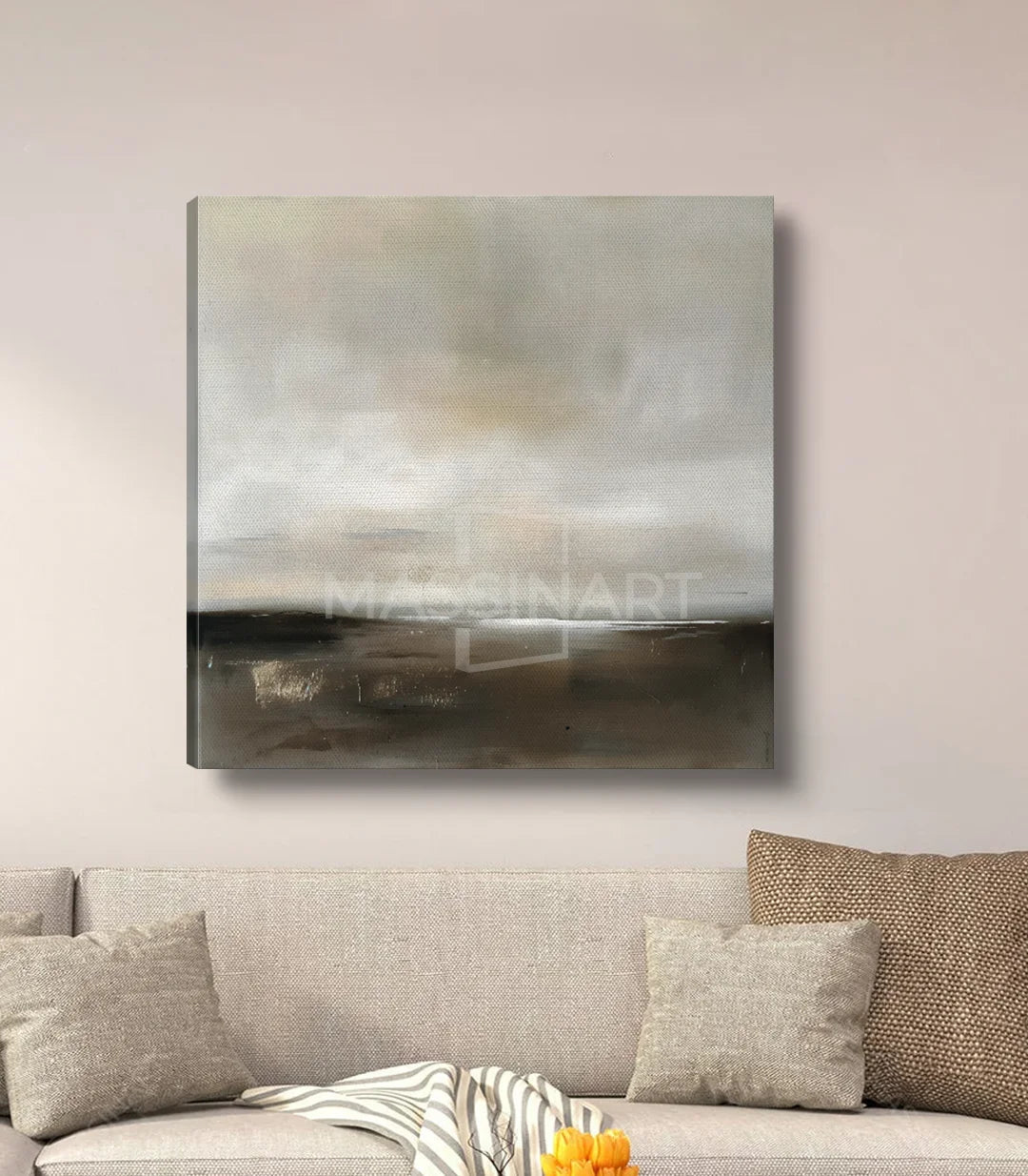 Cuadro Skyward en decoración de hotel o Airbnb, paisaje depurado en taupe — Massinart