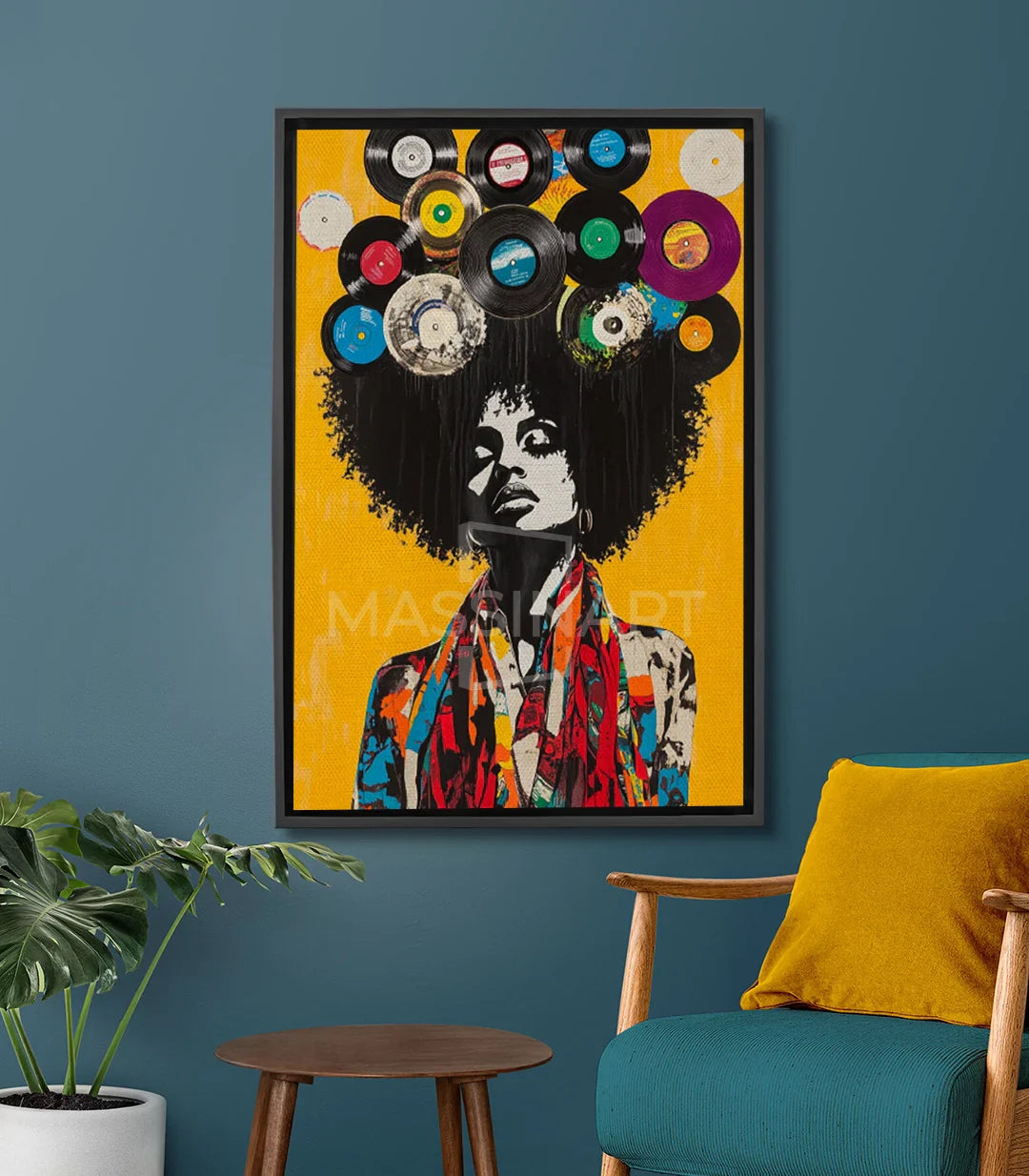 Cuadro Melody and Soul pop-art — retrato mujer afro en blanco y negro, vinilos de colores, fondo amarillo vibrante, Massinart