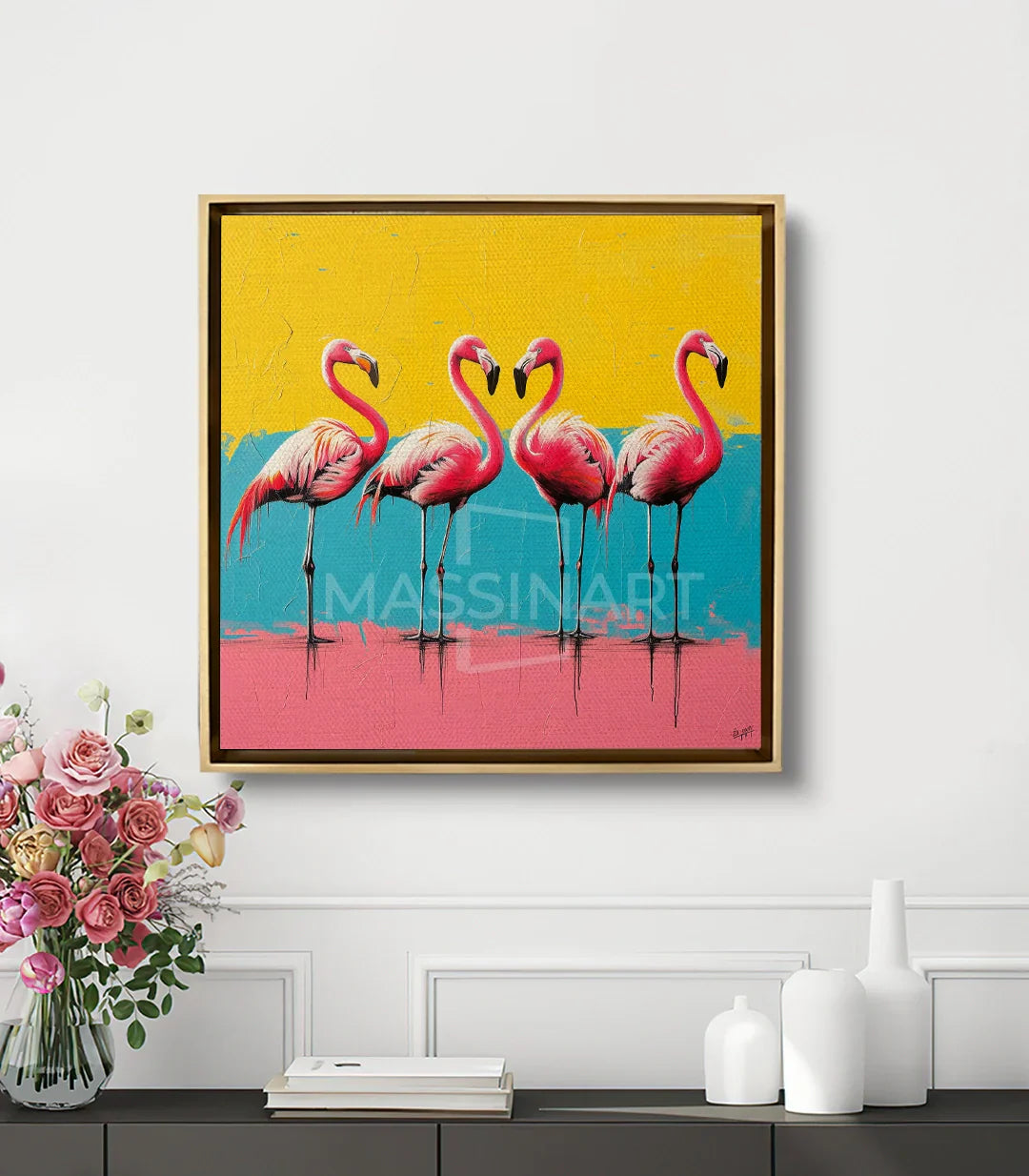 Cuadro Flamingo Quartet en salón moderno con marco negro, decoración mural Massinart