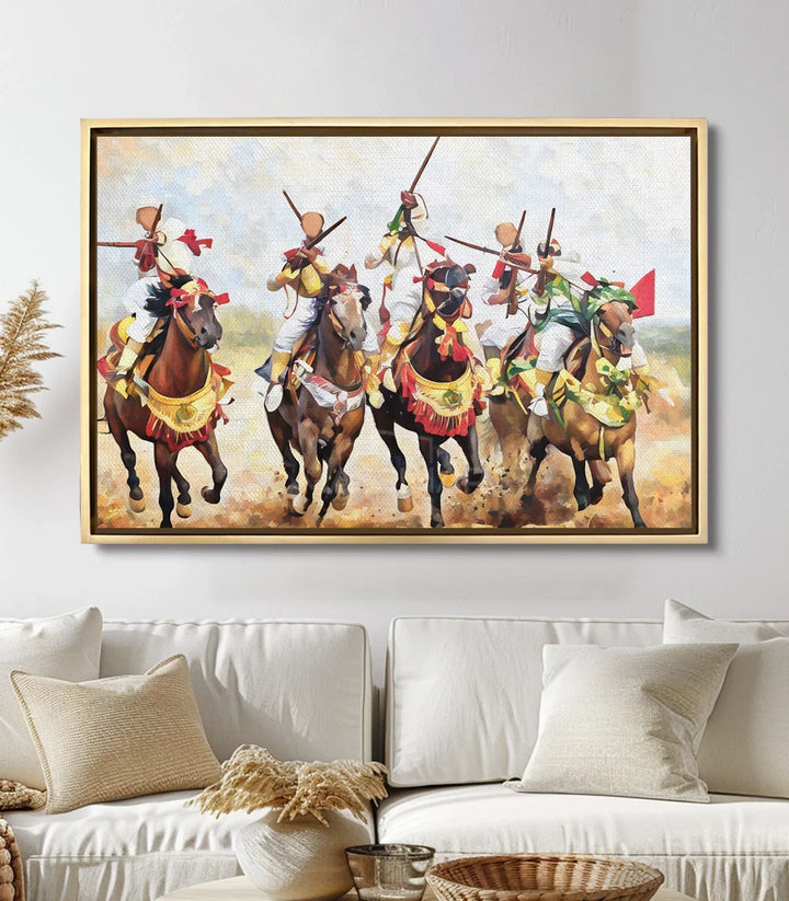 Cuadro Fantasia Spirit sobre sofá en salón moderno — decoración mural ecuestre - Massinart