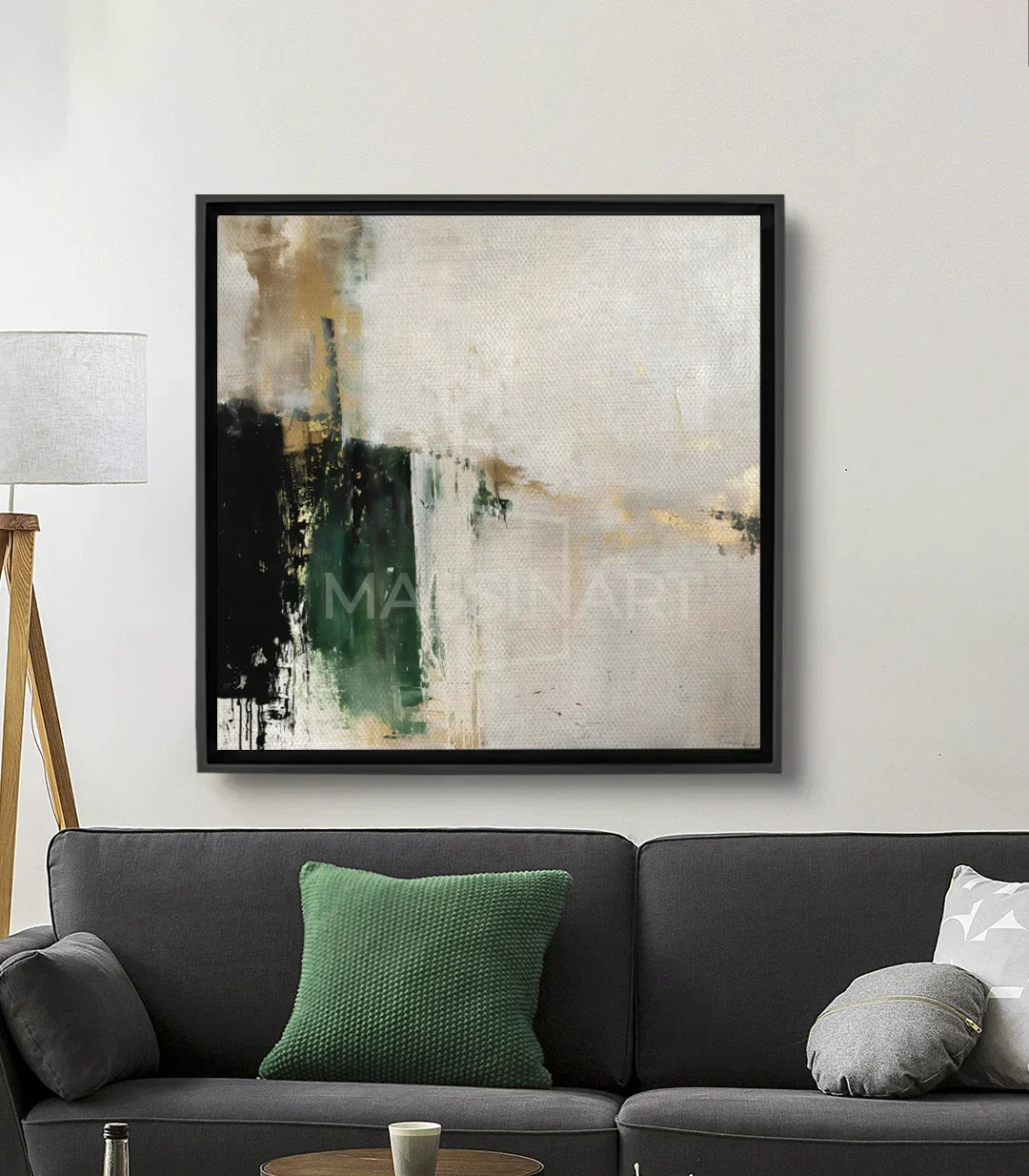Cuadro Allure abstracto minimalista cuadrado en tonos beige, verde y negro — Massinart